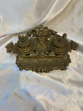 Antique Victorian Ornate Brass Double Inkwell Desk Stand with Figural Bacchus/Mask Backplate — listing 5