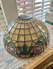 Vintage Tiffany-Style Leaded Stained Glass Dome Hanging Lamp Shade with Floral/Fruit Motif and Crown Finial — listing 5
