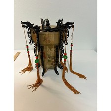 Chinese Palace Lantern with Carved Wood Frame, Dragon Motifs, Painted Glass Panels, Jade-Look Beads and Silk Tassels — listing 6