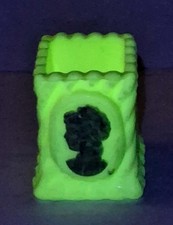 Antique Uranium Glass Miniature Toothpick Holder, Green Pressed Glass with Scalloped Rim, 2 inches tall — listing 5