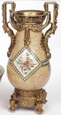 Antique Bronze-Mounted Ceramic Urn with Enameled Birds & Flowers Decoration, Twin Handles — listing 5