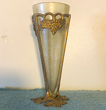 Vintage Clear Glass Trumpet Vase with Gold Gilt Grape Leaf Design and Banding