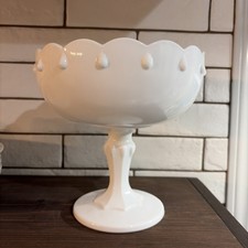 Vintage Milk Glass Pedestal Compote with Pressed Star and Fan Pattern — listing 3