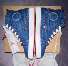 Christian Louboutin Louis Flat High-Top Sneakers, Western Cowboy Motif, Tan Suede & White Leather with Green Trim EU 44 / US 11 — listing 4