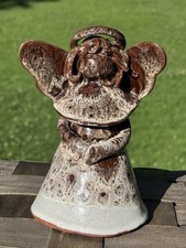 Handmade Redware Pottery Angel Figurine Holding Bird, Brown Glaze — listing 4