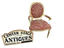 Ethan Allen Georgian-Style Gainsborough Library Armchair with Mahogany Carved Frame and Gold Striped Silk Upholstery — listing 3