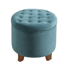 Large Round Upholstered Cocktail Ottoman with Carved Wood Base, Paisley Chenille — listing 6