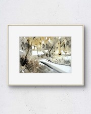 Original Watercolor Painting, Central Park Ice Skaters at Night with NYC Skyline