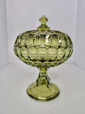 Vintage Green Pressed Glass Footed Covered Candy Dish with Grape & Leaf Pattern and Fruit Finial — listing 2