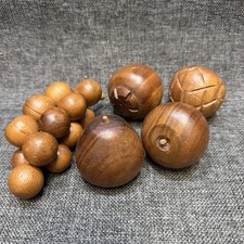 Vintage Hand-Carved Wooden Fruit Set on Turned Wood Pedestal Compote Stand — listing 2