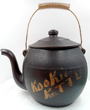 Vintage Black Enamelware Kettle Repurposed as "Kookie Kettle" Cookie Jar with Coil Handle — listing 6