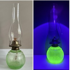 Antique Green Uranium/Vaseline Glass Kerosene Oil Lamp with Greek Key Pattern — listing 3