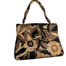 Vintage Handmade Tapestry Carpet Bag with Leather Straps Boho Shoulder Tote — listing 5