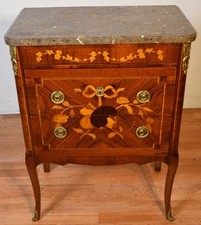 Antique French Louis XV/XVI Transitional Style Marquetry Petite Commode Nightstand with Breche d'Alep Marble Top — listing 3