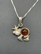 Silver-Tone Figural Frog Pendant Necklace with Faux Amber Cabochon on Black Organza Ribbon Cord — listing 6