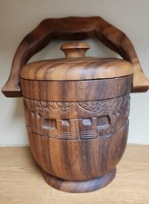 Hand-Carved Teak Wood Basket with Handle, Floral Scrollwork Relief — listing 2