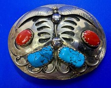 Vintage Southwestern Style Oval Belt Buckle with Turquoise Stones and Feather Motif — listing 4