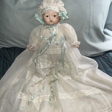 Small Porcelain-Head Baby Doll in White Embroidered Organza Christening Gown, 8.5 inch — listing 6