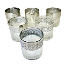 Mid-Century Silver Overlay Ribbed Glass Old Fashioned Rocks Tumblers, Pair