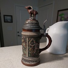 Vintage Gerz Lidded Ceramic Beer Stein with Relief Musicians & Pewter Lid, West Germany