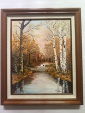 Vintage Framed Oil Painting on Canvas, River Landscape with Birch Trees and Distant Mountains — listing 2
