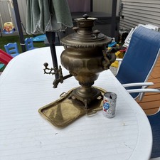 Antique Russian Brass Charcoal Samovar (Coal-Fired Tea Boiler) with Twin Handles and Pedestal Base — listing 2