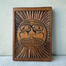 Hand-Carved Wooden Sun Face Wall Mask with Serene Green Face and Red Rays — listing 2