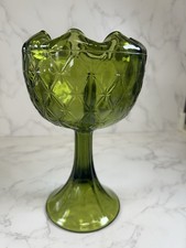 Vintage Green Glass Footed Compote Bowl with Scalloped Rim — listing 3