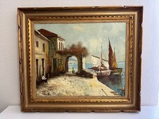 Framed Mediterranean Seaside Painting, Man with Bicycle and Boats, Signed Lorenz — listing 6