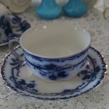 Antique Flow Blue Transferware Teacup and Saucer, Abbey/Castle Ruins Scenic Pattern, listing 4