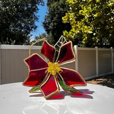 Vintage Stained Glass Style Poinsettia Round Trivet with Silver Metal Frame — listing 5