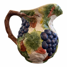 Vintage Majolica-Style Grape & Leaf Relief Pitcher, Brown & Green Drip Glaze