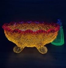 Amberina Pressed Glass Small Square Bowl, Daisy & Button Pattern, 5 inch