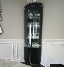Vintage Wall-Mounted Curved Glass Curio Display Cabinet with Broken-Pediment Crown and Urn Finials — listing 2
