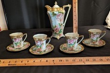 Antique Hand-Painted Porcelain Chocolate Set with Orchid/Lily Motif and Heavy Gold Trim — listing 2