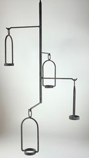 Mid-Century Brutalist Wrought Iron Chandelier with Thick Textured Glass Puck Bobeches, Multi-Tier