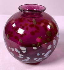 Hand-Blown Cranberry Spatter Art Glass Bud Vase with Applied Handles and Ruffled Rim