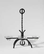 Mid-Century Brutalist Wrought Iron Chandelier with Thick Textured Glass Puck Bobeches, Multi-Tier — listing 2