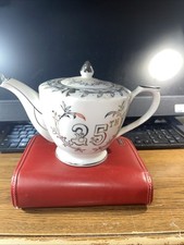 25th Anniversary Commemorative Ceramic Teapot with Gray Floral Toile and Silver Trim — listing 5