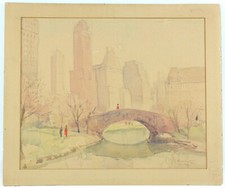 Original Watercolor Painting, Central Park Ice Skaters at Night with NYC Skyline — listing 3
