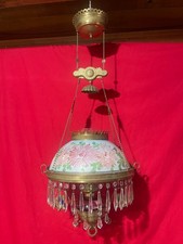 Antique Victorian Hanging Oil Library Lamp with Hand-Painted Rose Font and White Milk Glass Dome Shade — listing 3
