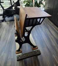 Vintage "Silent Giant" Cast Iron & Wood Folding School Desk with Painted Floral Stenciling