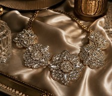 Peach Floral Cluster Bib Statement Necklace with Rhinestones — listing 5