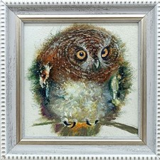 Vintage Original Oil Painting of Horned Owl with Daisies, Signed Hogan, Wood Frame