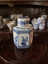 Mid-Century Blue & White Partial Tea Set - Teapot with Bamboo Handle, 4 Cups, Creamer & 2 Footed Compotes — listing 6