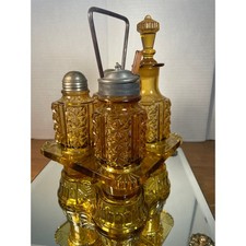 Antique Victorian EAPG Pressed Glass Castor Set Bottles - Cruet, Salt & Pepper Shakers, and Mustard Pot with Pewter Lids (4 pieces plus stopper)