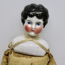 Vintage Porcelain Head Doll Ornament in Red Dress with Lace Bonnet and Apron — listing 6