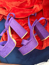 Two-Tone Lavender & Pink Patent Platform Block Heel Mule Sandals