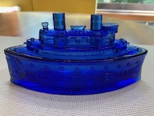 Cobalt Blue Pressed Glass "Remember the Maine" Battleship Covered Dish (Ship + Wave Base Lid)