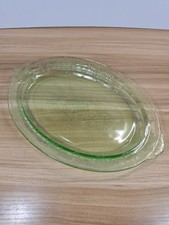 Green Depression Glass Center-Handled Sandwich/Tidbit Tray with Heart-Shaped Handle and Wheel-Cut Floral Etching